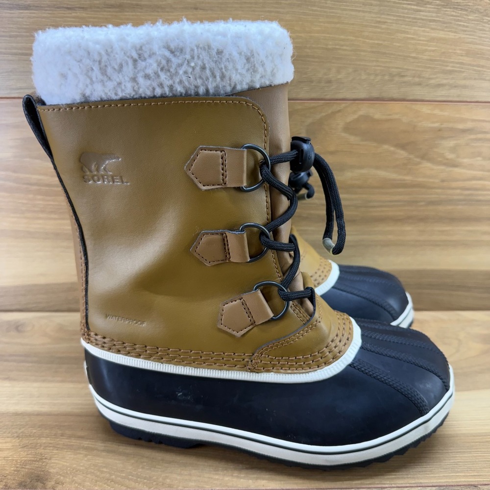 Sorel Yoot Pac Snow Boots Youth Big Kids 3 Tan Black Sherpa Outdoor Insulated